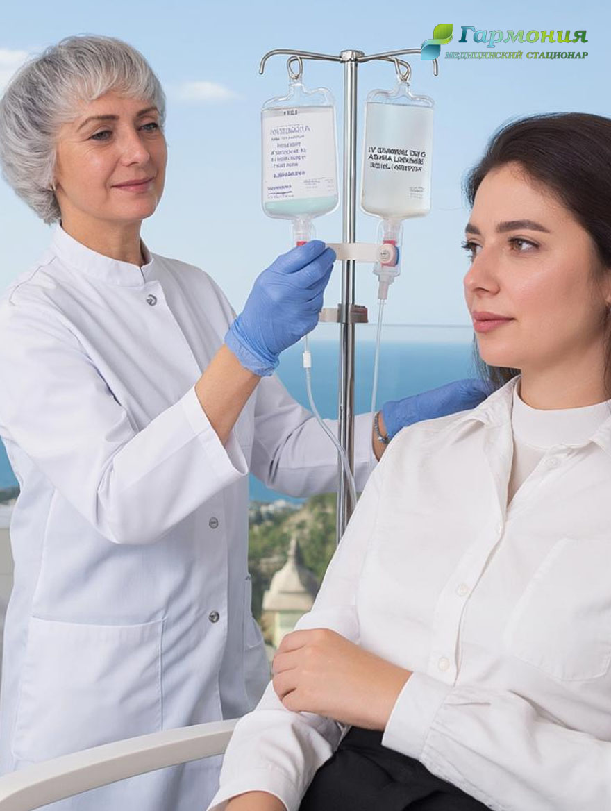 Врач и пациент с капельницей на фоне берега Каскелена