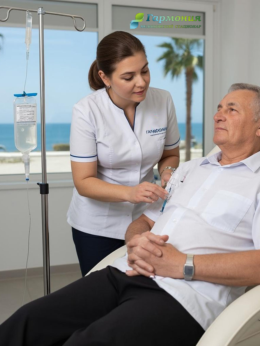 Врач и пациент с капельницей на фоне берега Каскелена