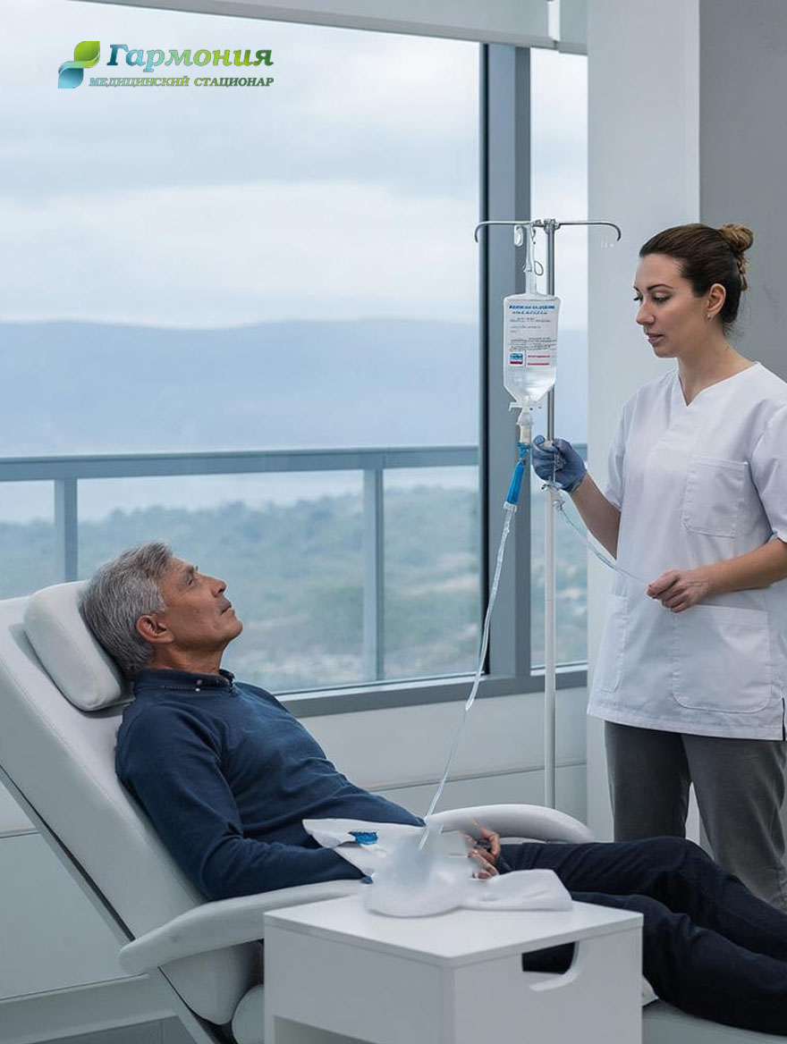 Врач и пациент с капельницей на фоне берега Каскелена