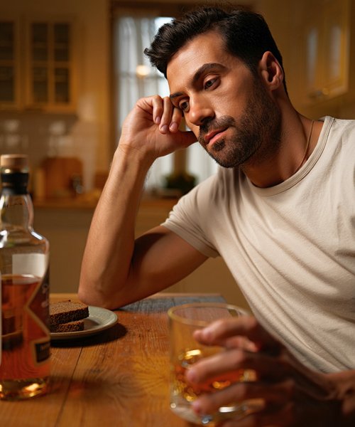 Мужчина сидит за столом со стаканом алкоголя